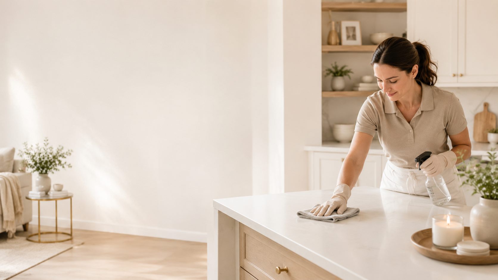 Cleaning professional wiping down a bright kitchen countertop with a cloth and spray bottle