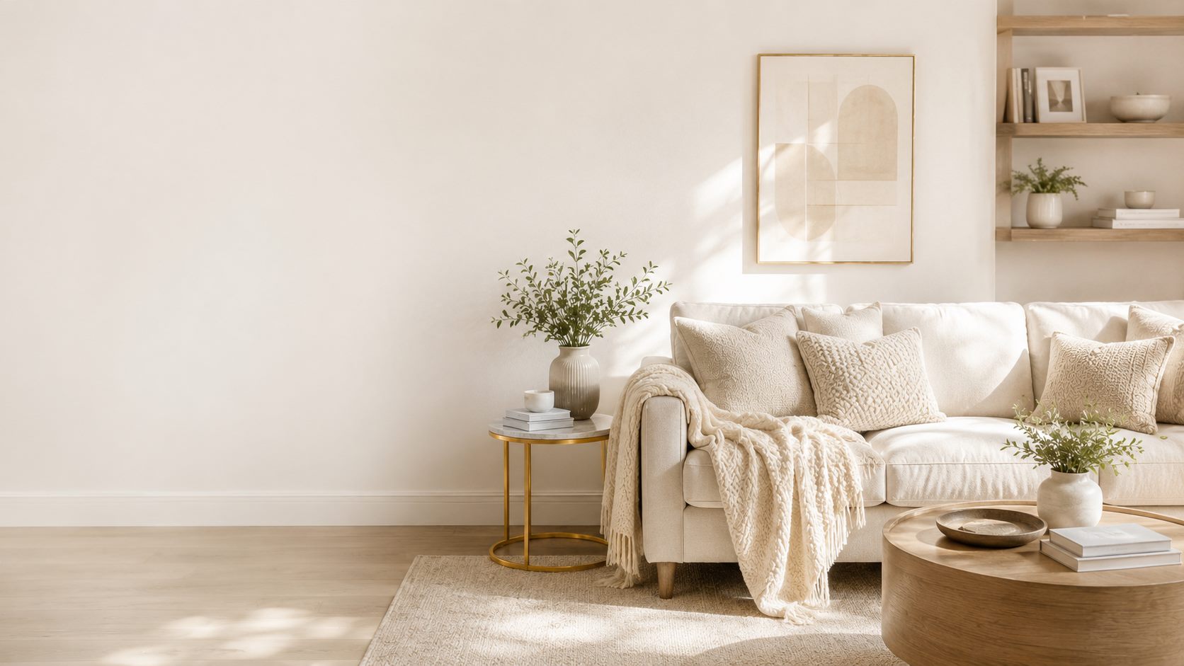 Bright, styled living room with a neutral sofa, coffee table, and potted plants